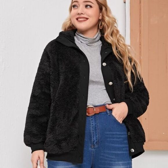 NEW! Super soft and warm PLUS Size Black Fuzzy Teddy Coat Jacket Button Front - Picture 2 of 5